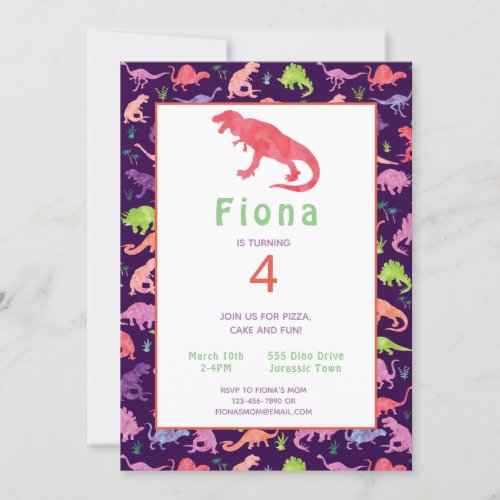 Girls Cute Dinosaur Birthday Watercolor Invitation