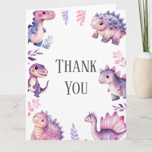 Girls Cute Dinosaur Themed Birthday Party Thank You Card (Front)