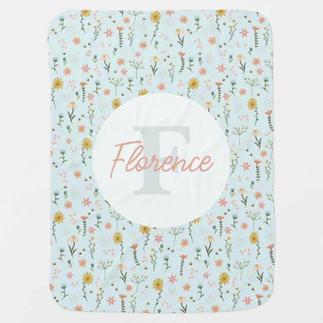 Girls Cute Elegant Floral Botanical Monogram Baby Blanket (Front)