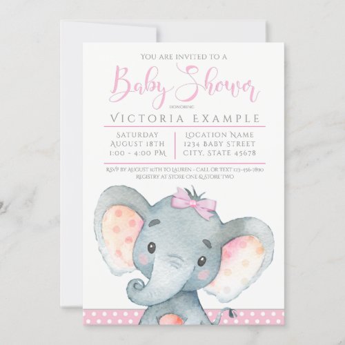 Girls Cute Elephant Baby Shower Invitations