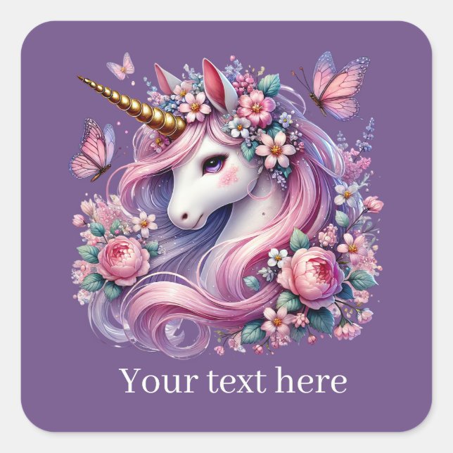 Girls cute fantasy unicorn add text  square sticker (Front)