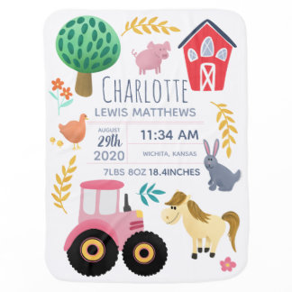 Girls Cute Farm Animals and Tractor Birth Stats Baby Blanket