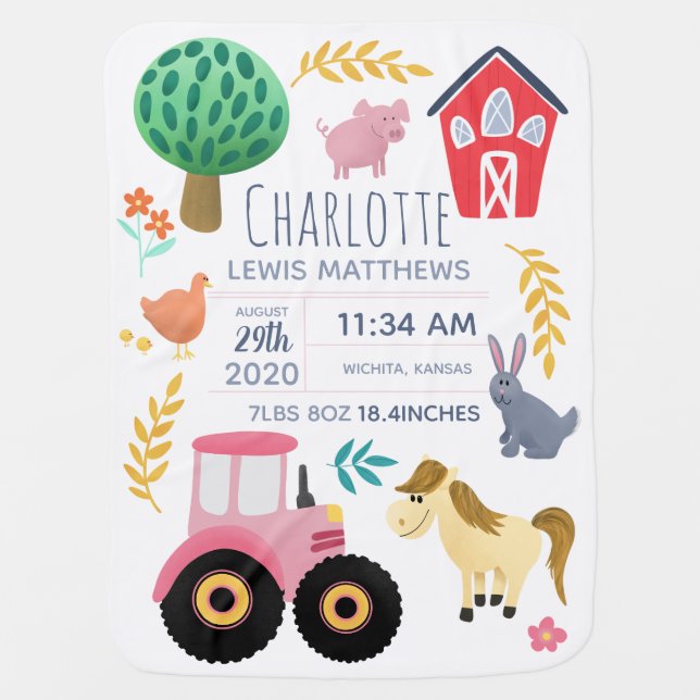 Girls Cute Farm Animals and Tractor Birth Stats Baby Blanket (Front)
