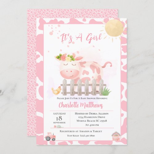 Girls Cute Farm Pink Cow Baby Shower Invitation