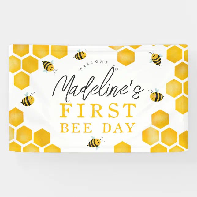 Girls Cute First Bee Day 1st Birthday Welcome Banner | Zazzle