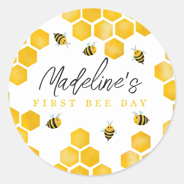 Girls Cute First Bee Day Kids 1st Birthday Favor Classic Round Sticker (Front)