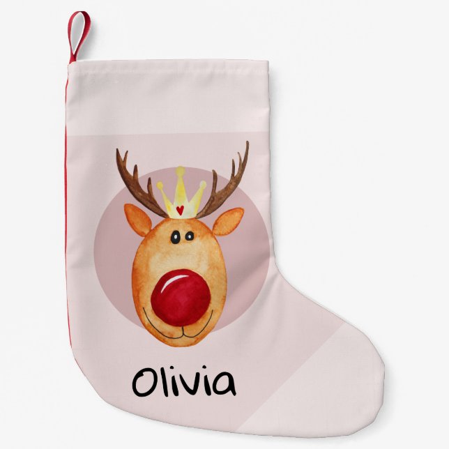 Girls Cute First Christmas Rudolph Reindeer & Name Small Christmas Stocking (Front)
