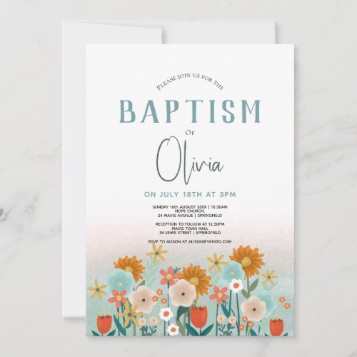 Girls Cute Floral Baby Baptism Christening Invitation