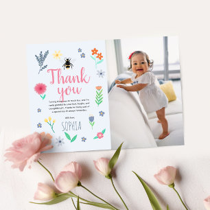 Girls Cute Floral Bee Kids Birthday Photo Thank You Card