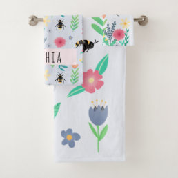 Girls Cute Floral Botanical Bee &amp; Flowers Kids Bath Towel Set