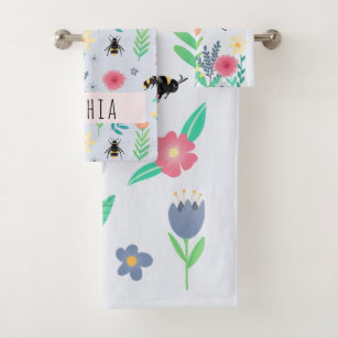 Girls Cute Floral Botanical Bee & Flowers Kids Bath Towel Set