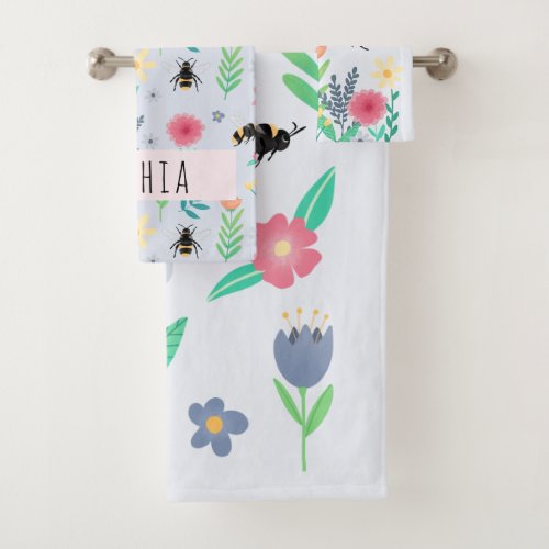 Girls Cute Floral Botanical Bee  Flowers Kids Bath Towel Set
