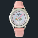 Girls Cute Floral Cat Cartoon and Name Kids Watch<br><div class="desc">This cute and girly kid's watch features a beautiful,  hand painted cat wearing a flower wreath. This floral watercolor design also features a place for you to add your girl's name. Perfect for any kid's first watch!</div>