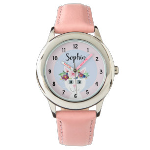 Girls Cute Floral Cat Cartoon and Name Kids Watch
