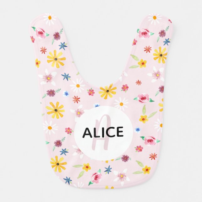 Girls Cute Floral Flower Pattern and Name Baby Bib (Front)