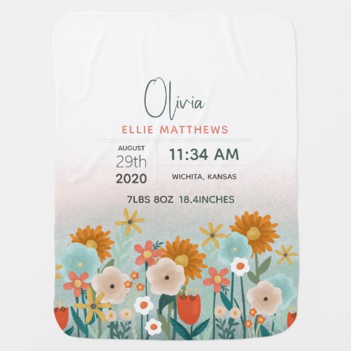 Girls Cute Floral Keepsake Birth Stats Baby Blanket