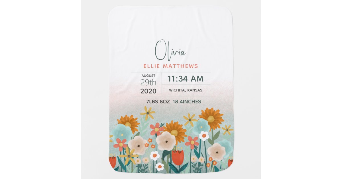 Girls Cute Floral Keepsake Birth Stats Baby Blanket | Zazzle