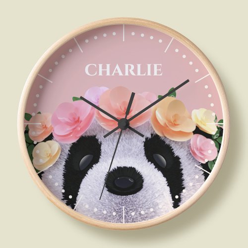 Girls Cute Floral Panda Bear Personalized Clock