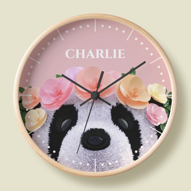 Girls Cute Floral Panda Bear Personalized Clock (Creator Uploaded)