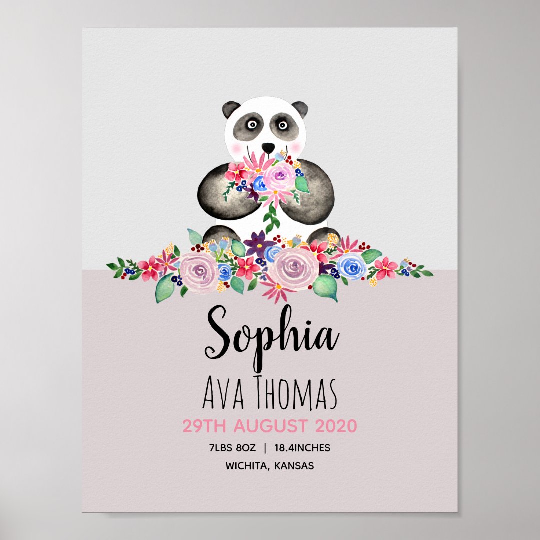 Girls Cute Floral Panda Birth Stats Baby Nursery Poster | Zazzle