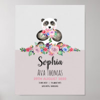 Girls Cute Floral Panda Birth Stats Baby Nursery Poster