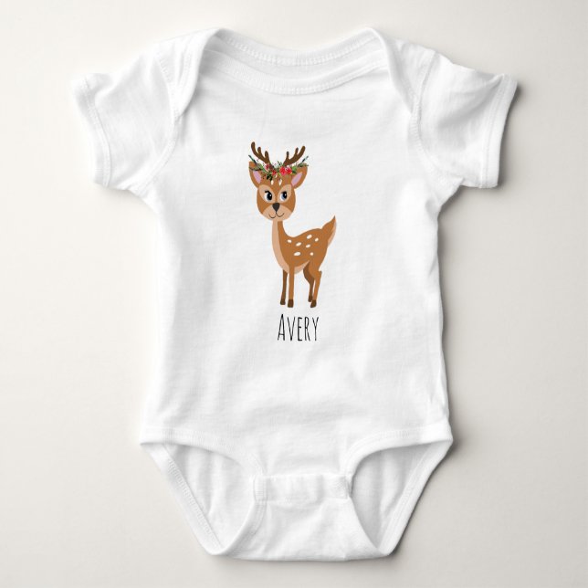 Girls Cute Floral Reindeer Christmas Flowers Name Baby Bodysuit (Front)