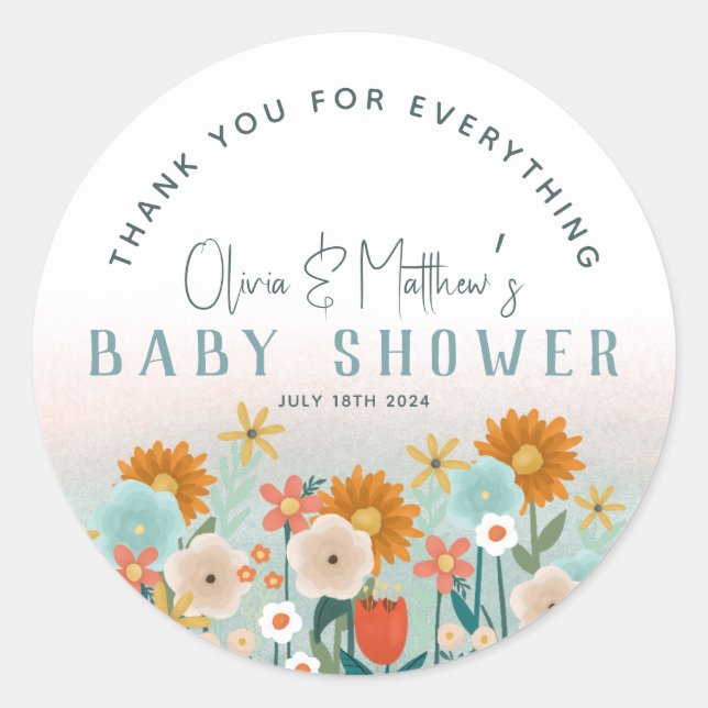 Girls Cute Floral Thank You Baby Shower Favor Classic Round Sticker (Front)