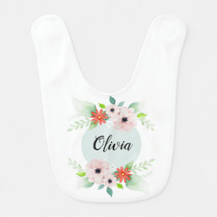 Girls Cute Floral Watercolor Flowers and Name Baby Bib