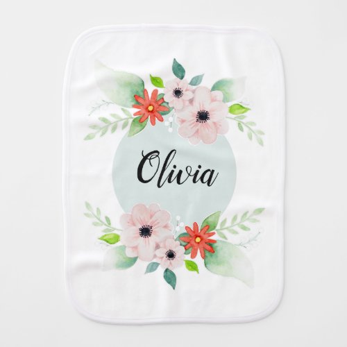 Girls Cute Floral Watercolor Flowers and Name Baby Burp Cloth