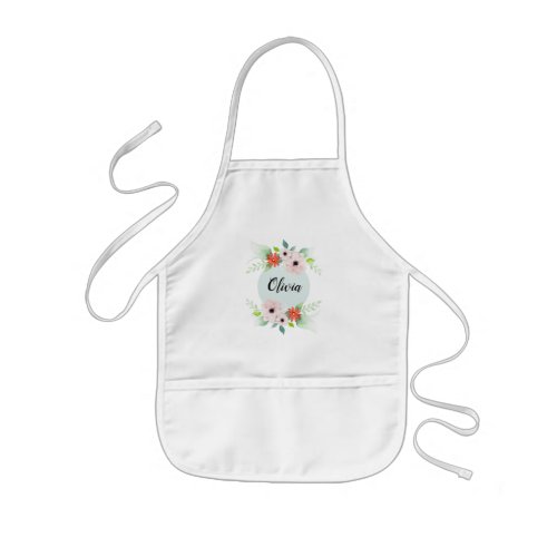 Girls Cute Floral Watercolor Flowers and Name Kids Apron