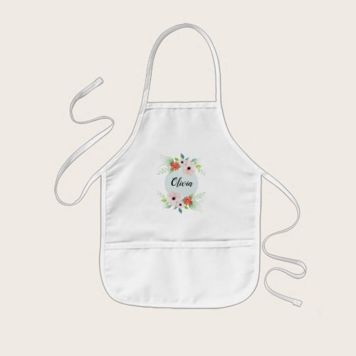 Girls Cute Floral Watercolor Flowers and Name Kids' Apron