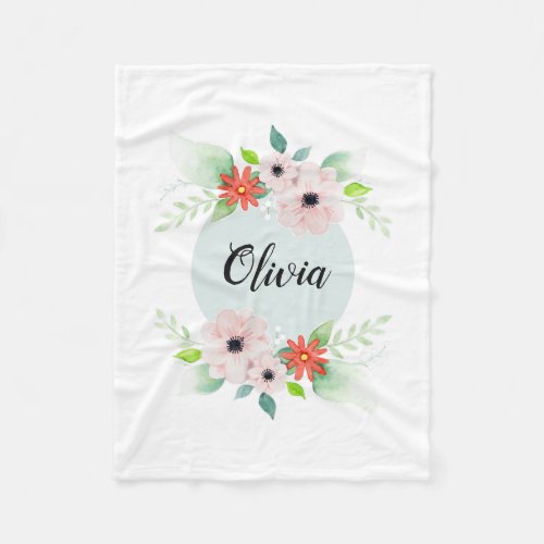 Girls Cute Floral Watercolor Flowers and Name Kids Fleece Blanket