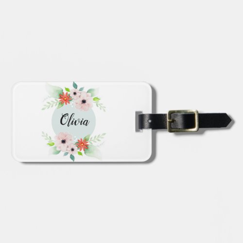 Girls Cute Floral Watercolor Flowers and Name Kids Luggage Tag