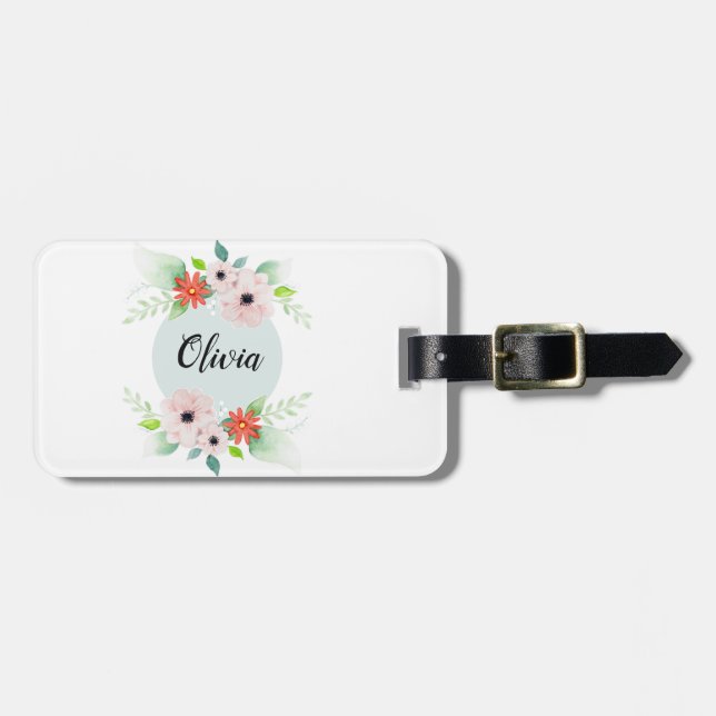 Girls Cute Floral Watercolor Flowers and Name Kids Luggage Tag (Front Horizontal)