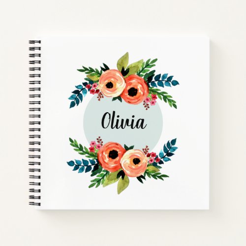 Girls Cute Floral Watercolor Flowers and Name Kids Notebook