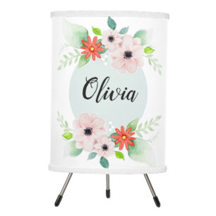 Girls Cute Floral Watercolor Flowers and Name Kids Tripod Lamp