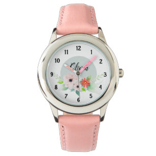 Girls Cute Floral Watercolor Flowers and Name Kids Watch