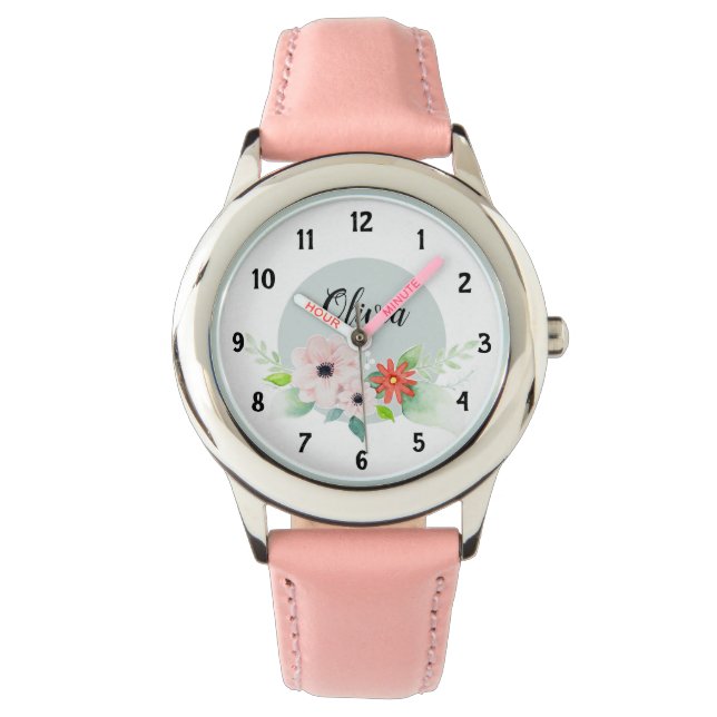 Girls Cute Floral Watercolor Flowers and Name Kids Watch (Front)