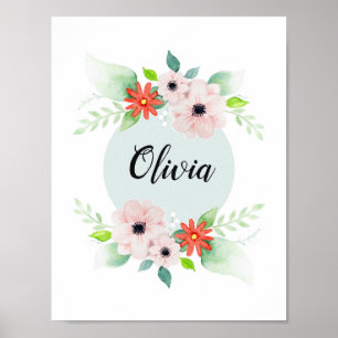 Girls Cute Floral Watercolor Flowers and Name Poster