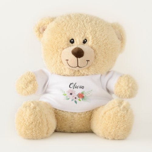 Girls Cute Floral Watercolor Flowers and Name Teddy Bear