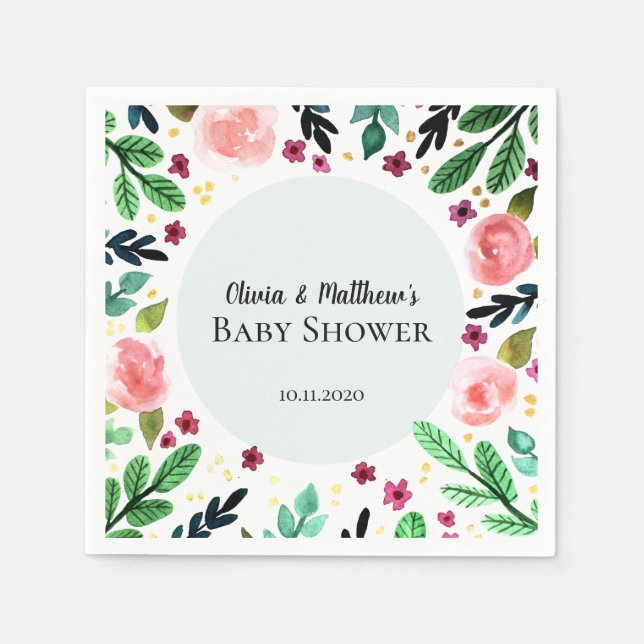 Girls Cute Floral Watercolor Flowers Baby Shower Napkins (Front)