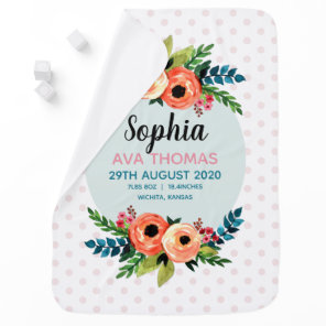 Girls Cute Floral Watercolor Flowers Birth Stats Baby Blanket