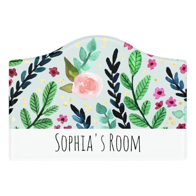 Girls Cute Floral Watercolor Flowers Kids Door Sign (Small Crest Front)