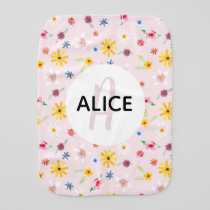 Girls Cute Floral Watercolor Flowers Monogram Name Baby Burp Cloth