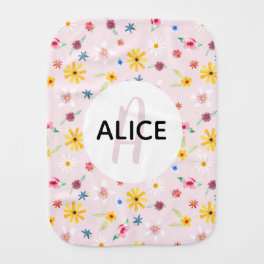 Girls Cute Floral Watercolor Flowers Monogram Name Baby Burp Cloth