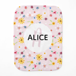 Girls Cute Floral Watercolor Flowers Monogram Name Baby Burp Cloth
