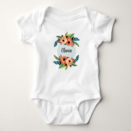 Girls Cute Floral Watercolor Flowers  Name Baby Bodysuit