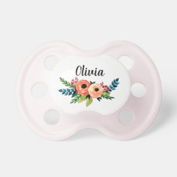 Girls Cute Floral Watercolor Flowers & Name Pacifier by Simply_Baby at Zazzle
