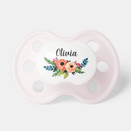 Girls Cute Floral Watercolor Flowers & Name Pacifier