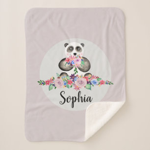 Girls Cute Floral Watercolor Flowers Panda Bear Sherpa Blanket